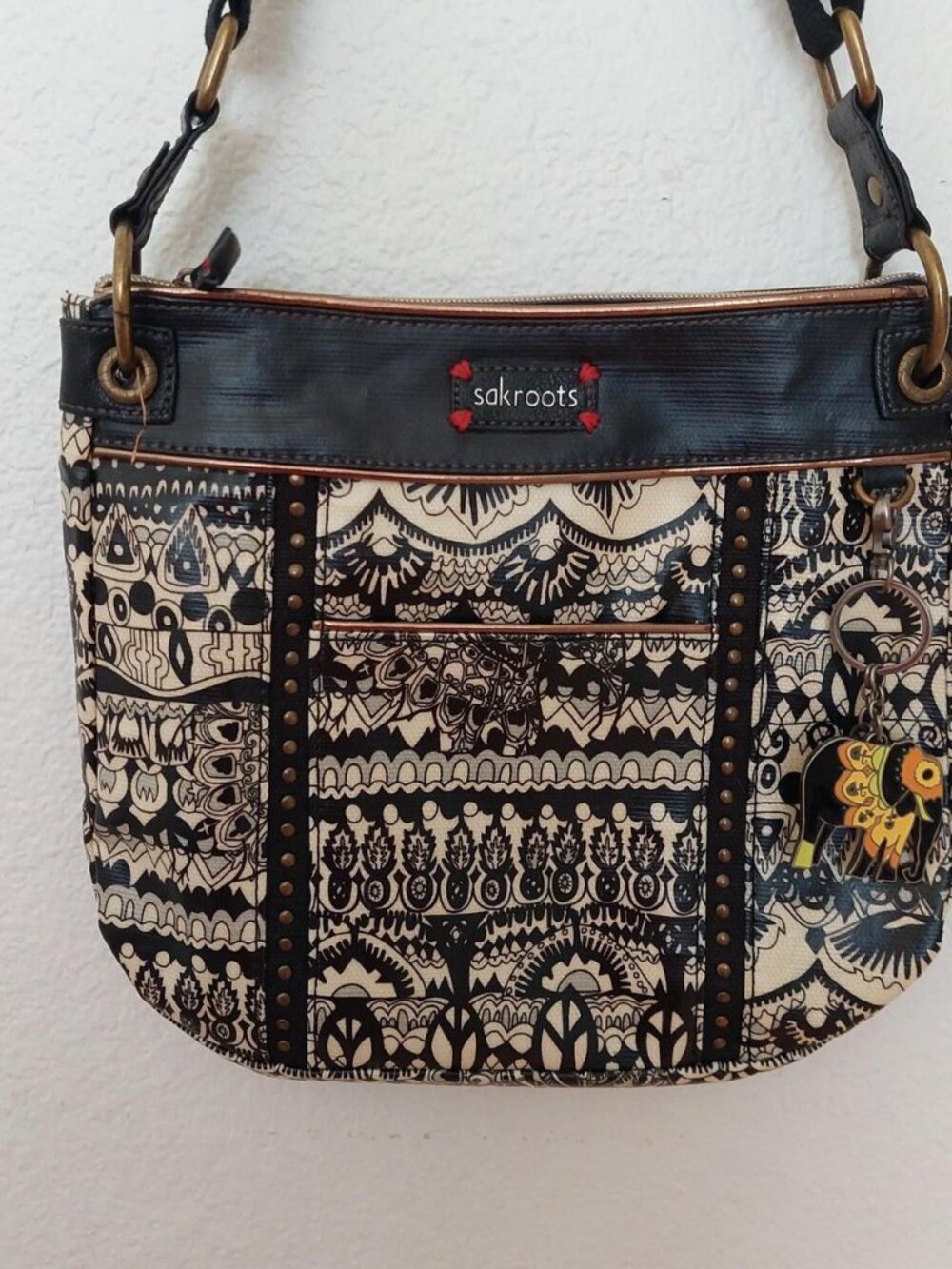 Sakroots black elephant peace artist circle purse bag with adjustable straps #bo